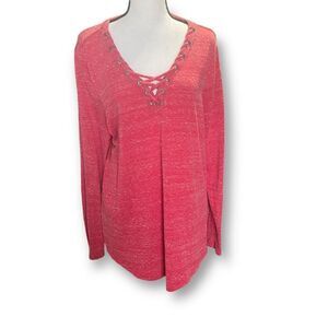 Rock & Republic Red Lace Detail Neckline,‎ Long Sleeve Knit Top, XL